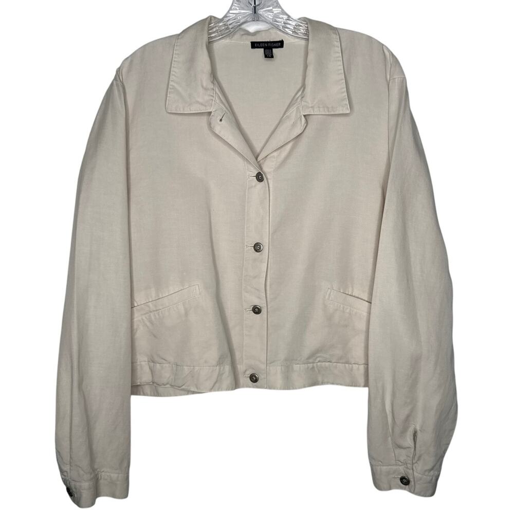 Eileen Fisher Boxy linen blend collared jacket neutral button front beige large